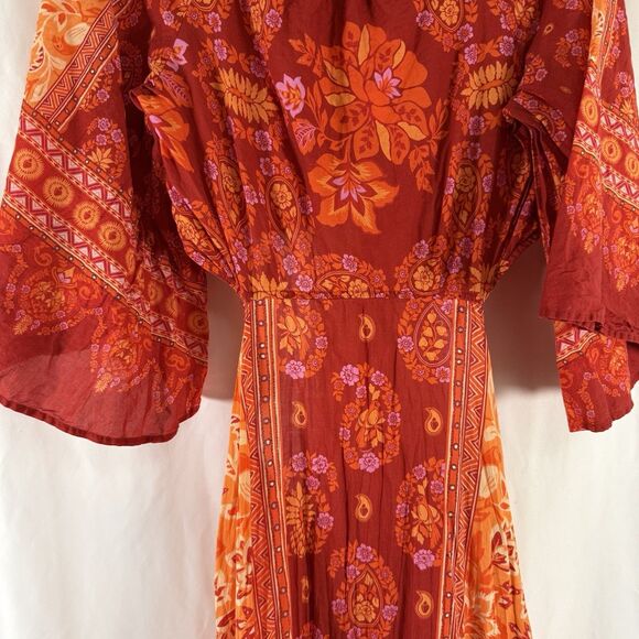 Farm Rio Anthropologie Dress Women's Medium Orange Red Floral Open Back Tie - Picture 3 of 16